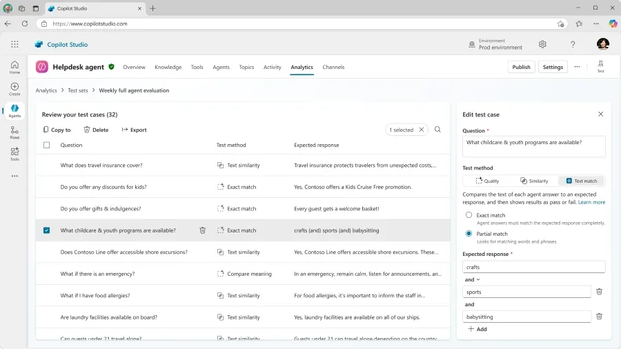 Snímek obrazovky s agent evaluations – test set a kritéria shody.