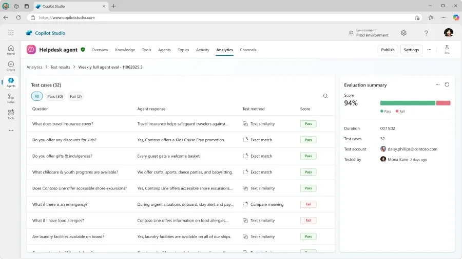 Snímek obrazovky s agent evaluations – výsledky pass/fail pro test set.