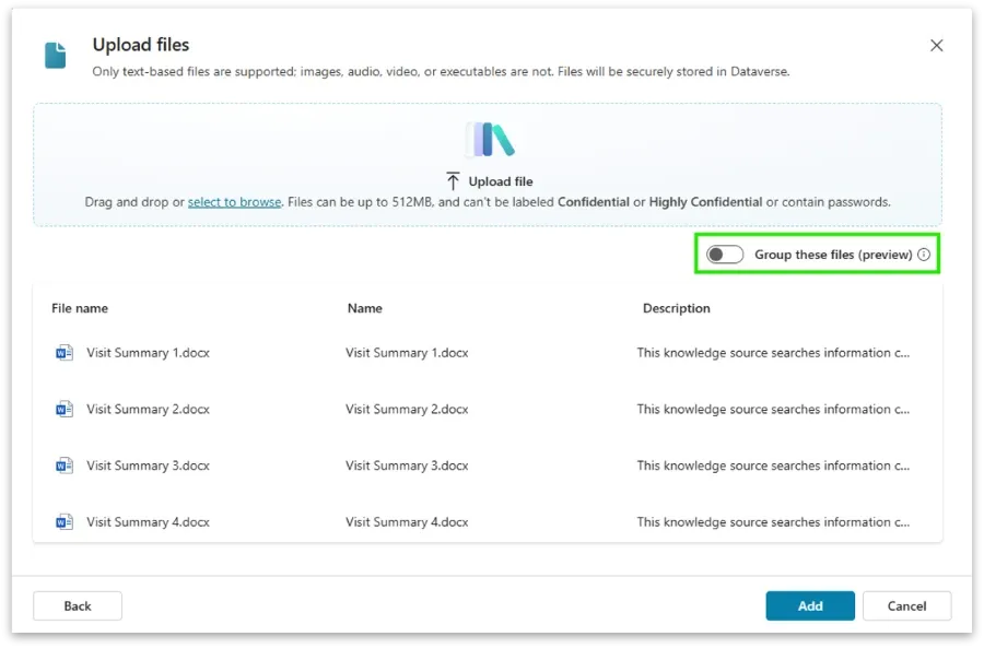 Ukázka seskupování souborů do file groups v Copilot Studio