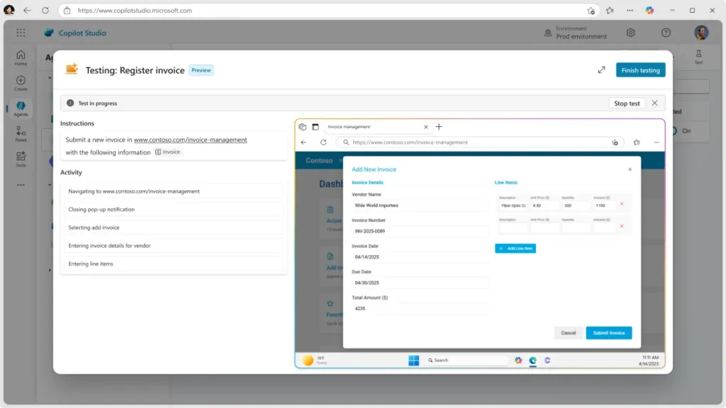 Testování: dashboard Register invoice