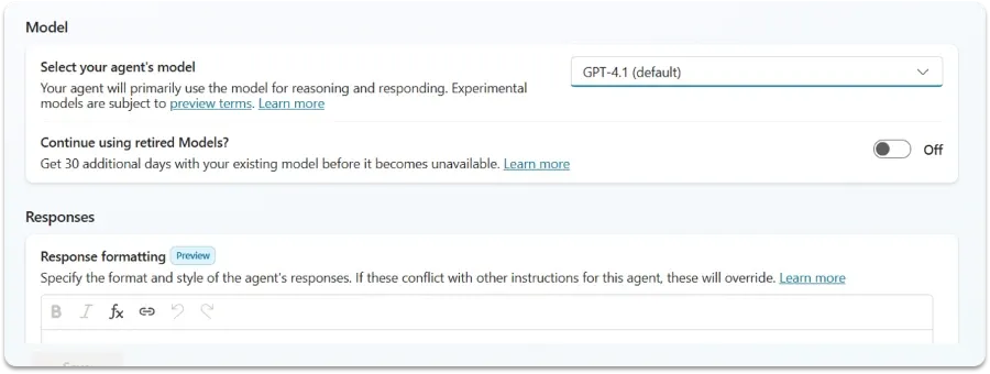 Snímek obrazovky s volbami modelu pro agenta, kde je GPT-4.1 označený jako „default“ a tři možnosti GPT-5 jsou v preview.