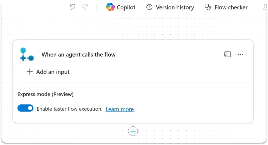 Snímek nastavení agent flow se zapnutým přepínačem „Express mode (preview)“.