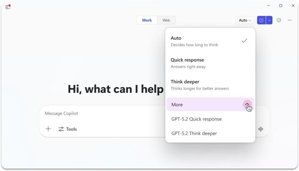 Snímek obrazovky s volbami GPT-5.2 v Agent Builder v M365 Copilot