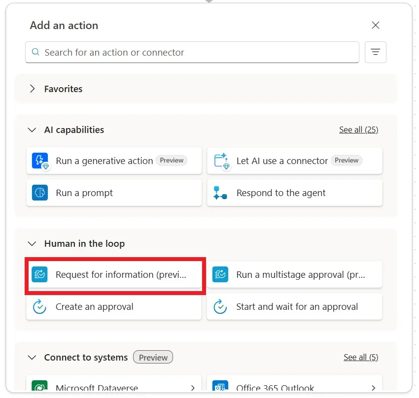 Snímek obrazovky s možnostmi human-in-the-loop, zvýrazněný automatický „request for information“, který se posílá člověku k ověření