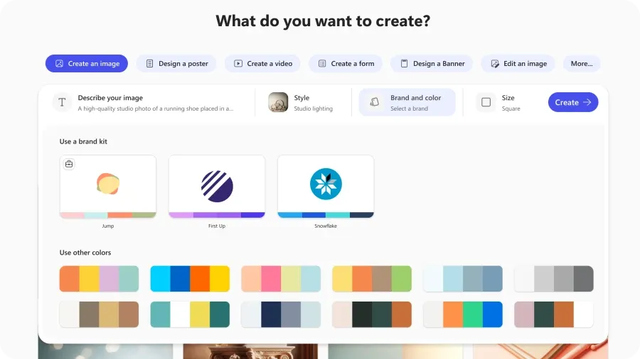 Snímek obrazovky funkce Create s titulkem: Co chcete vytvořit?