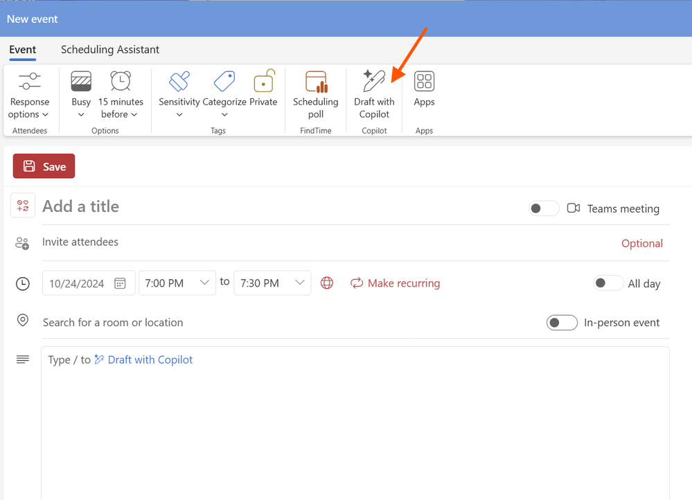 Volba Draft with Copilot v nové události