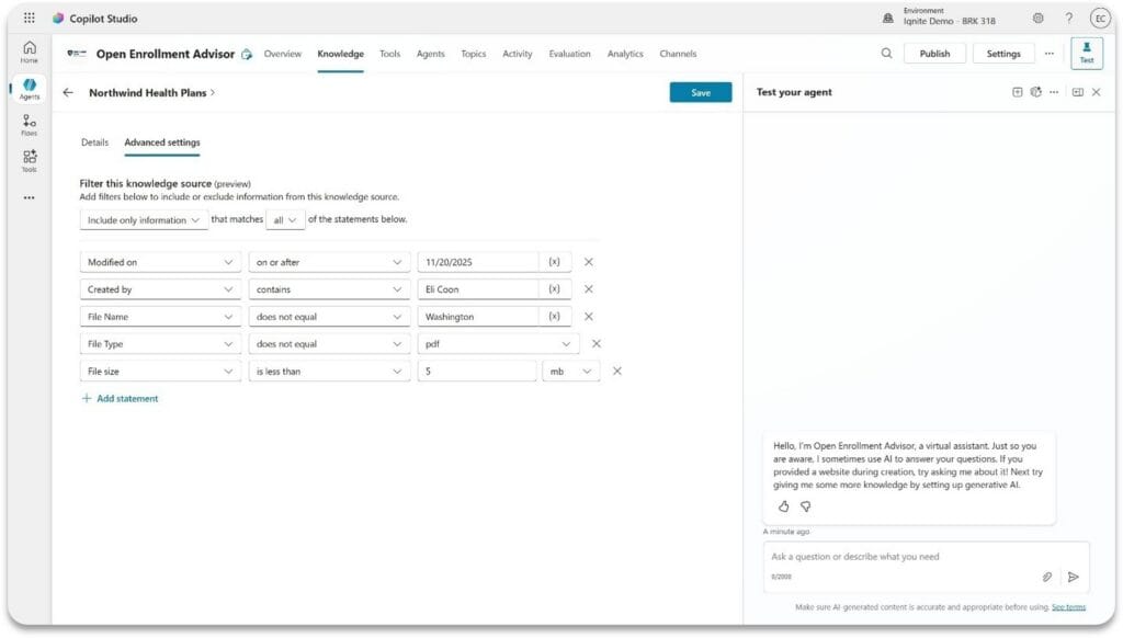 Snímek obrazovky s filtrováním knowledge source podle SharePoint metadat v Copilot Studio agent