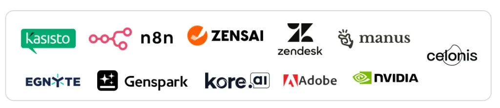 Sada log dodavatelů AI a softwaru včetně Adobe, NVIDIA, Zendesk, n8n, Kore.ai a Celonis.