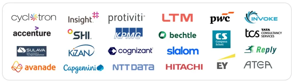 Mřížka log enterprise partnerských služeb včetně Accenture, KPMG, Cognizant, Capgemini, Avanade, Deloitte, EY, PwC a TCS.