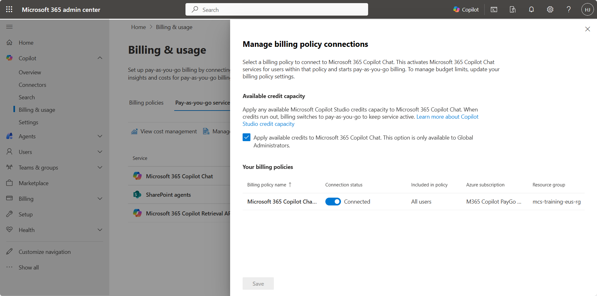M365 Admin Center s možností použít dostupné Copilot Studio credits pro Microsoft 365 Copilot Chat