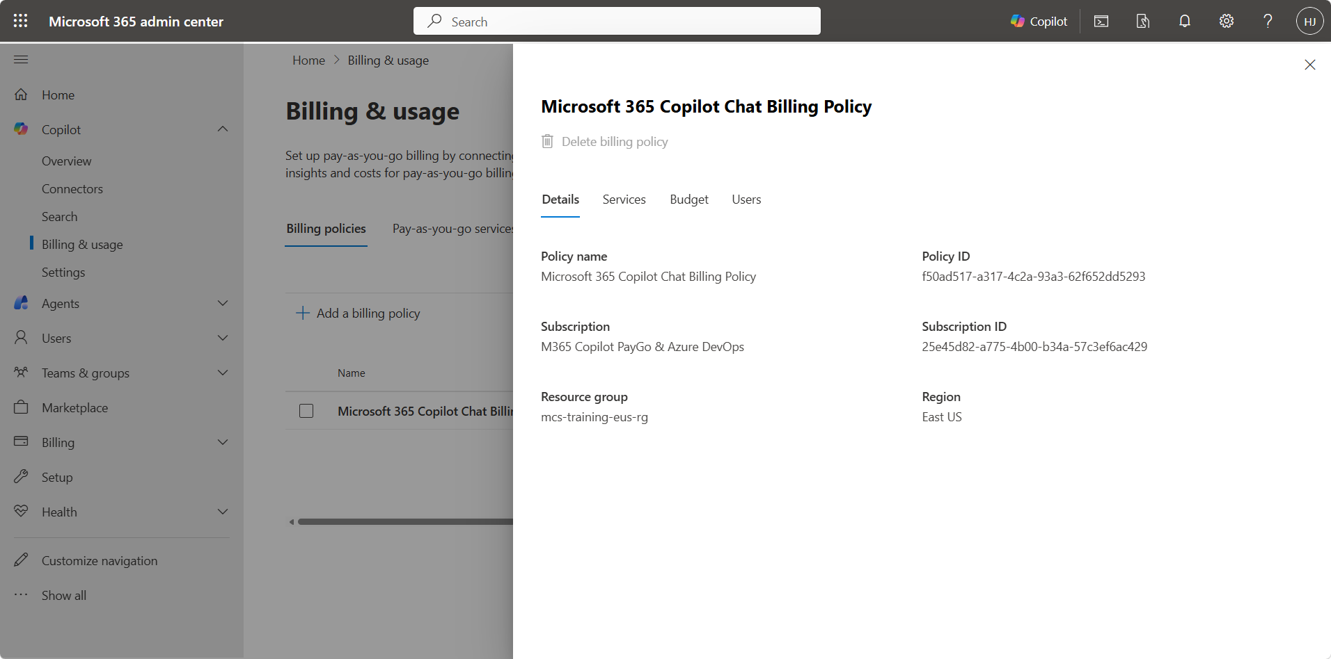Stránka Billing & usage v M365 Admin Center s pay-as-you-go billing policy a detaily Azure subscription