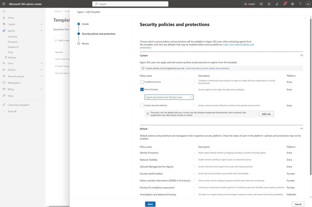 obrázek ukazuje, jak se v Agent 365 aplikuje ID Governance access package policy na policy template