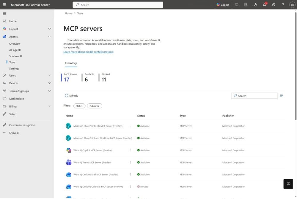 obrázek zobrazuje panel Tools management v Agent 365 se seznamem MCP servers