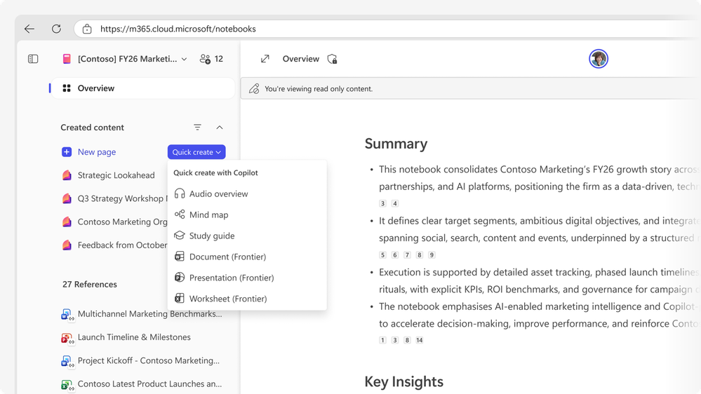 Ukázka tlačítka „Quick create“ v Notebooks s rozbalovacím menu pro vytvoření audio overview, mind map, study guide, dokumentu, prezentace nebo worksheet.