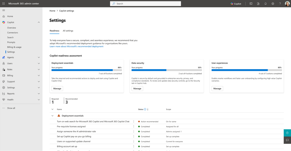 Ukázka nové stránky Settings > Readiness v Microsoft 365 admin center se stavem připravenosti pro kategorie deployment essentials, data security a user experience.