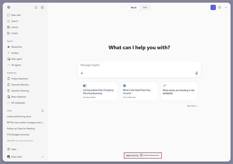 Snímek obrazovky aplikace Microsoft 365 Copilot s branded footer pro Contoso Electronics.