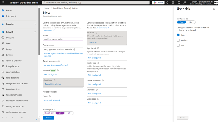 obrázek zobrazující Conditional Access policy pro agenty v Microsoft Entra admin center