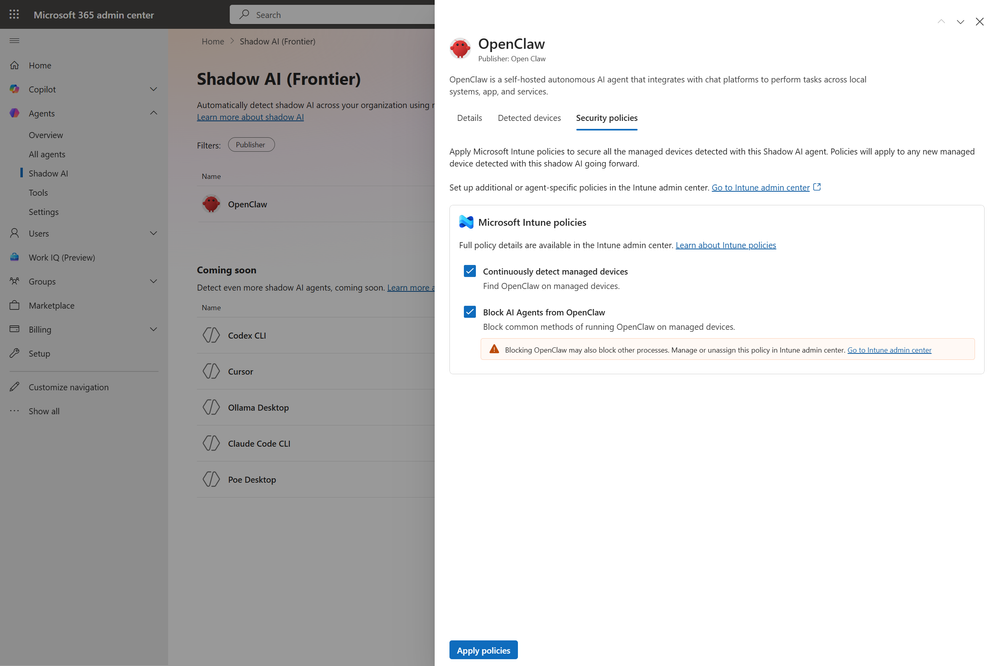Obrázek ukazuje novou stránku Shadow AI v Agent 365 v Microsoft 365 admin center, kde se aplikují Intune policies