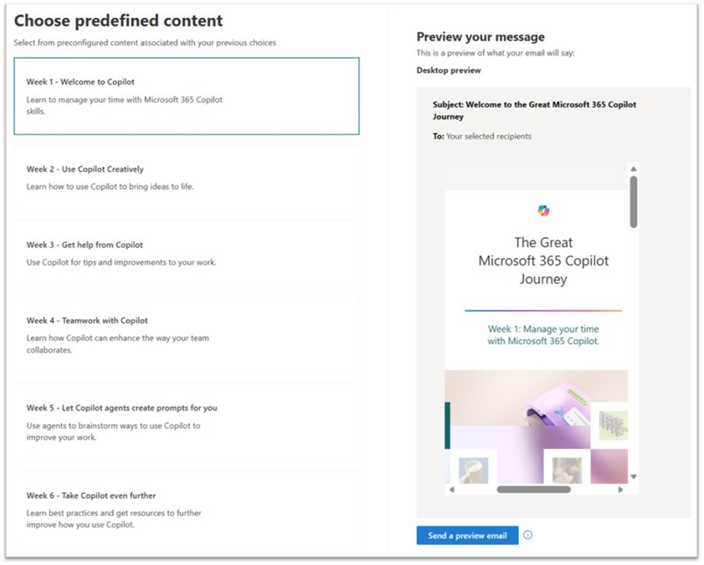 obrázek se sérií emailů Organizational Messages pro podporu adopce Copilot
