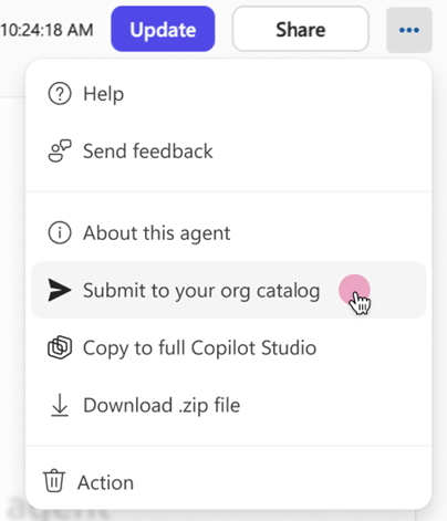 Menu v Agent Builder s volbou Submit to your org catalog pro žádost o kontrolu a schválení administrátorem.