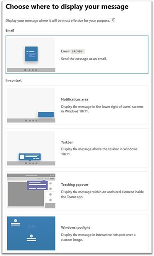 Seznam pěti umístění v Microsoft 365 admin center, kde lze v organizaci zobrazit zprávu.