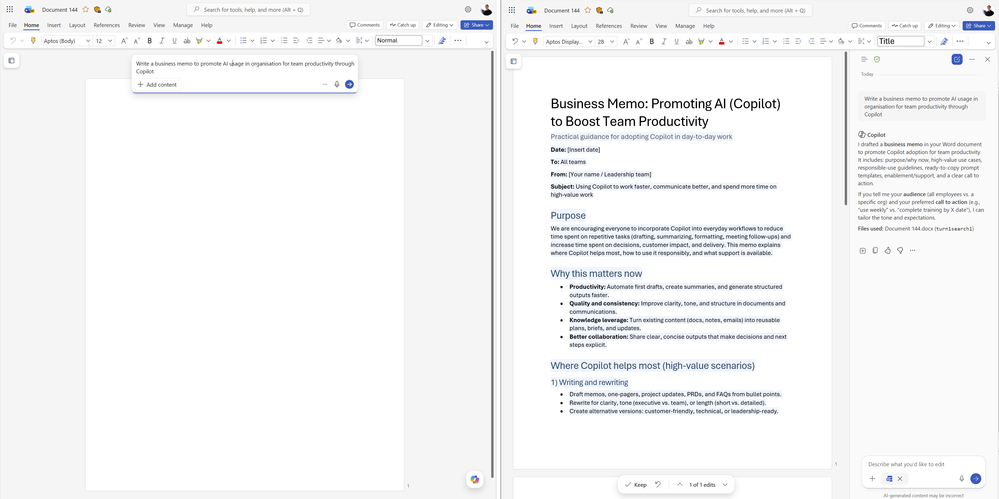 Otevřený dokument ve Wordu s oknem Copilot, které převádí požadavek na nové business memo.
