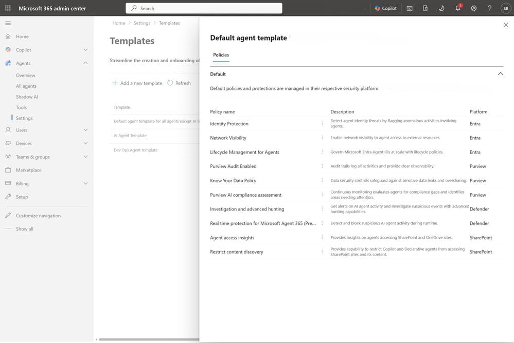 obrázek zobrazuje Policy templates v nastavení Agent 365 – detail konkrétní šablony s policy z Microsoft Entra, Purview, Defender a SharePoint