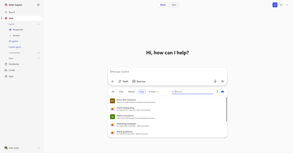 Seznam Lists na kartě „Sites“ v nabídce Context IQ v Copilot Chat.