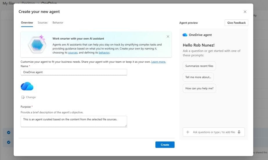 Obrazovka s vytvořením nového agenta – přehled a kroky pro vytvoření OneDrive agenta.