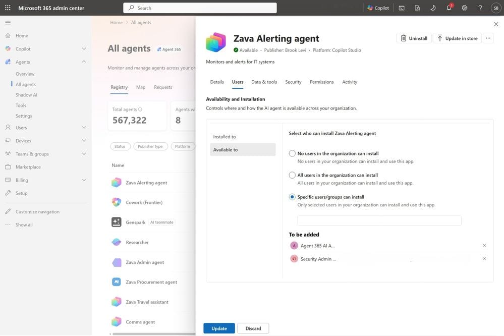 Obrázek zobrazuje agenta Zava Alerting vybraného v registry, včetně nastavení instalace a dostupnosti – dostupný pouze pro skupiny Agent 365 AI admin a Security Admin