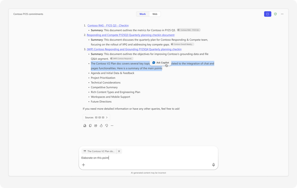 Odpověď v Copilot Chat se zvýrazněnou částí textu a zvoleným tlačítkem „Ask Copilot“.