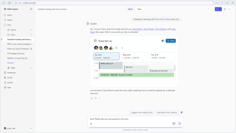 Webová aplikace Microsoft 365 Copilot, kde uživatel plánuje schůzku a Copilot odpovídá, že jsou k dispozici tři možné časové sloty.