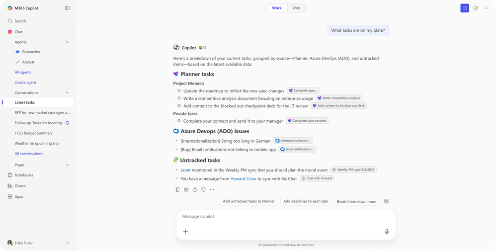 Snímek odpovědi v M365 Copilot se seznamem úkolů z Planner, Azure DevOps a týdenního PM syncu.