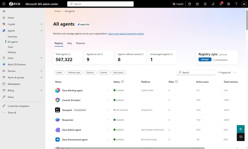 obrázek registry v Agent 365 se seznamem agentů, kartami s počty a prvky pro filtrování a vyhledávání