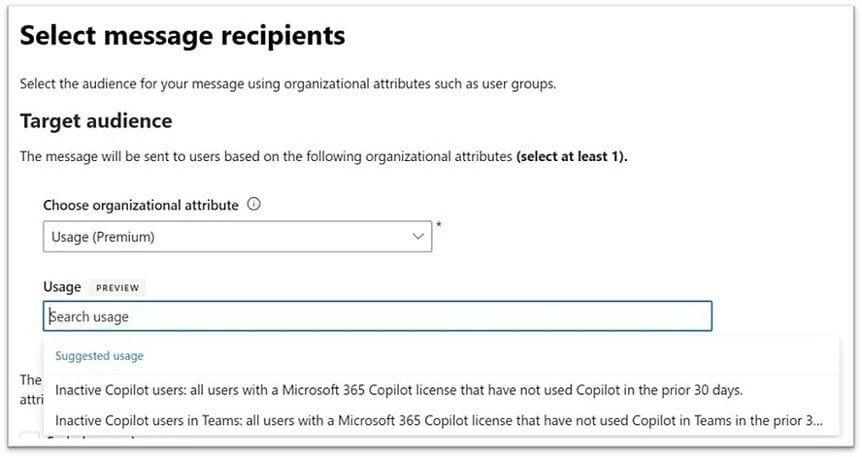 Možnost v Microsoft 365 admin center vybrat příjemce zprávy včetně uživatelských skupin.