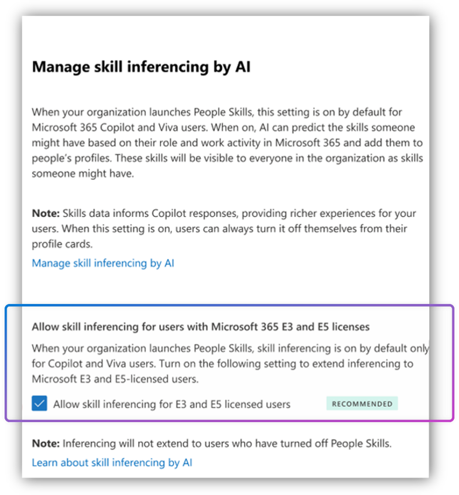Přepínač pro povolení skill inferencing pro uživatele Microsoft 365 E3 a E5.