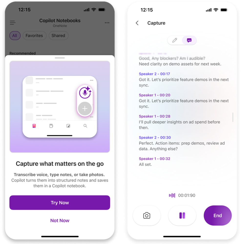 Screenshoty z mobilu: vysvětlující okno k Multimodal capture a živý přepis řečníků během zachytávání konverzace.