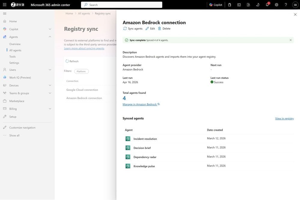obrázek s detailním pohledem na Registry sync pro připojení Amazon Bedrock, včetně voleb pro sync, edit a delete, detailů připojení a seznamu synchronizovaných agentů.