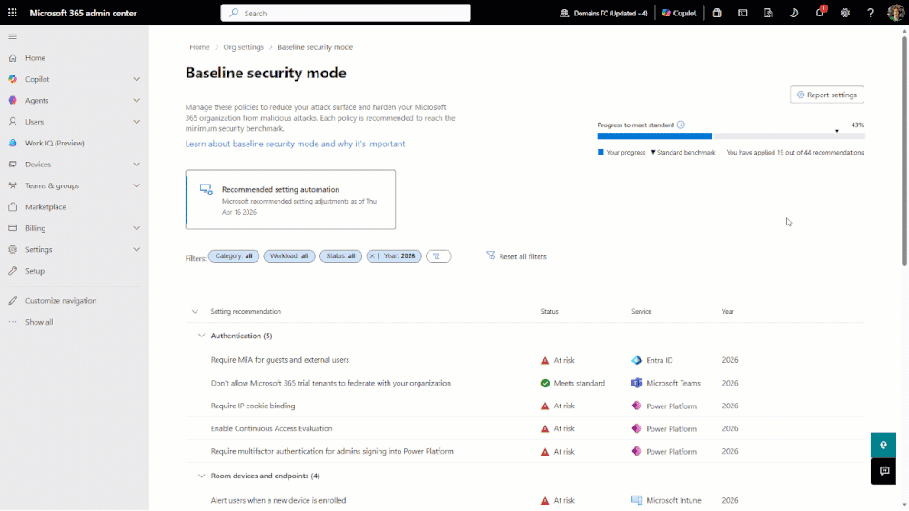 Přehled pilířů Microsoft Baseline Security Mode (BSM) 2026