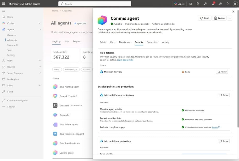 Detail zabezpečení fiktivního Comms agenta se dvěma risk flags z Microsoft Purview