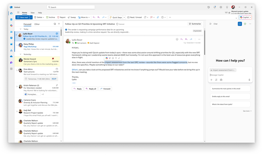Zvýrazněná část textu v e-mailu v Microsoft Outlook a prompt v Copilot Chat, který obsahuje zvýrazněný obsah.