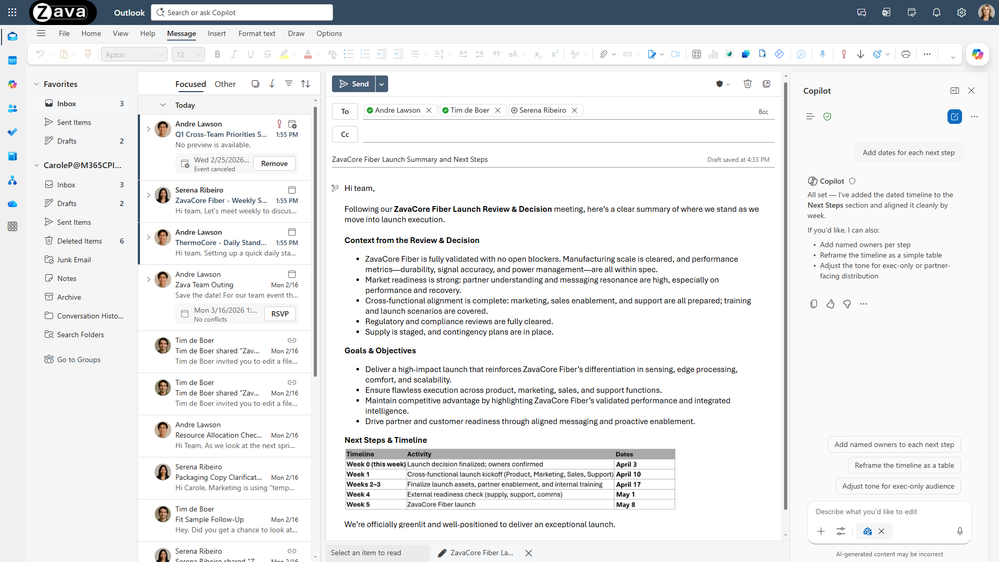 Otevřený Outlook s postranním panelem Copilot a promptem „Add dates for each next step.“