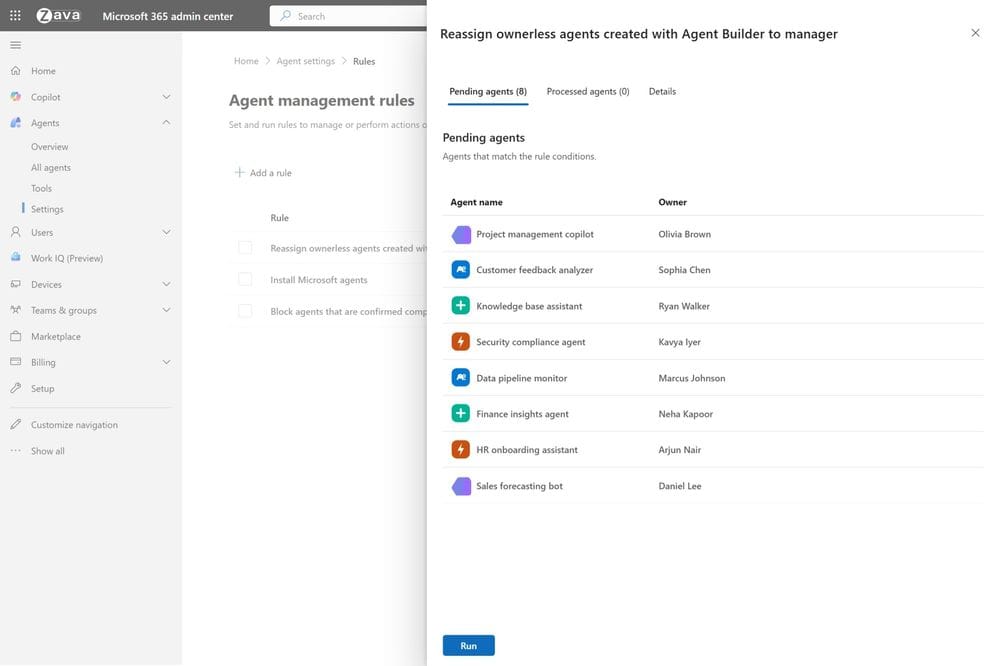 obrázek s Agent management rules v nastavení Agent 365 a standardním pravidlem pro přeřazení agentů bez vlastníka