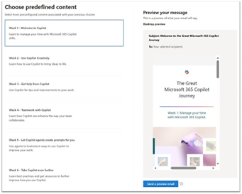 Předpřipravený obsah: šest týdnů e-mailových šablon pro zprávy odesílané z Microsoft 365 admin center.