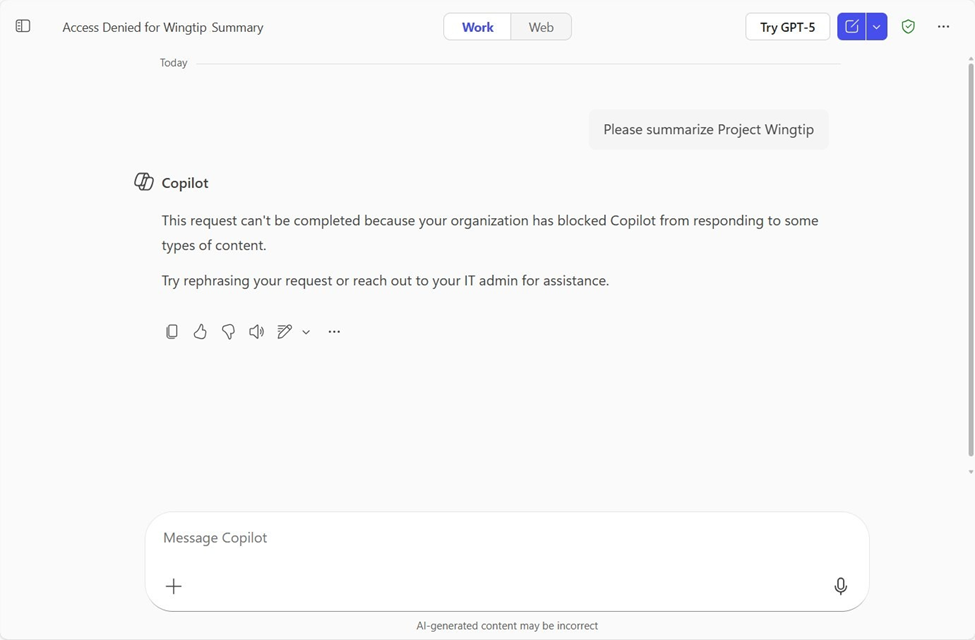 Microsoft Purview Data Loss Prevention pro Microsoft 365 Copilot: blokování odpovědí na dotazy k Project Wingtip, protože Project Wingtip je na firemním seznamu blokovaných citlivých informací