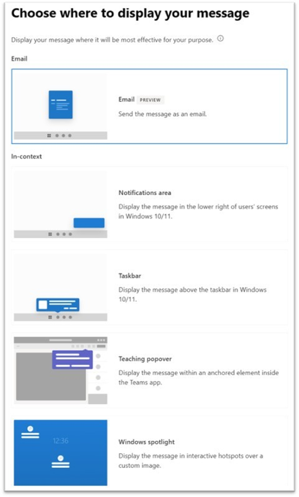obrázek s možností emailu jako kanálu pro zobrazení Organizational Messages