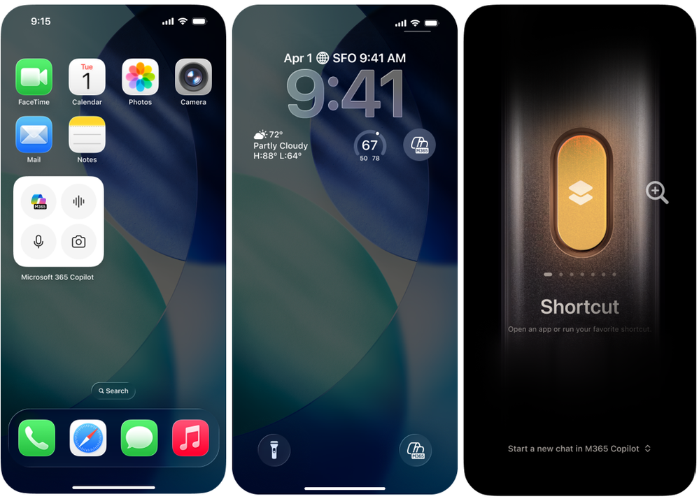 Ukázky widgetů Copilot na Home a Lock screen a action button na zařízení iOS.