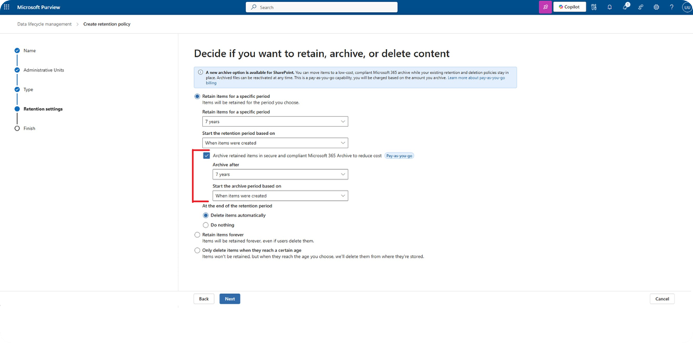 Schéma workflow retain–archive–delete