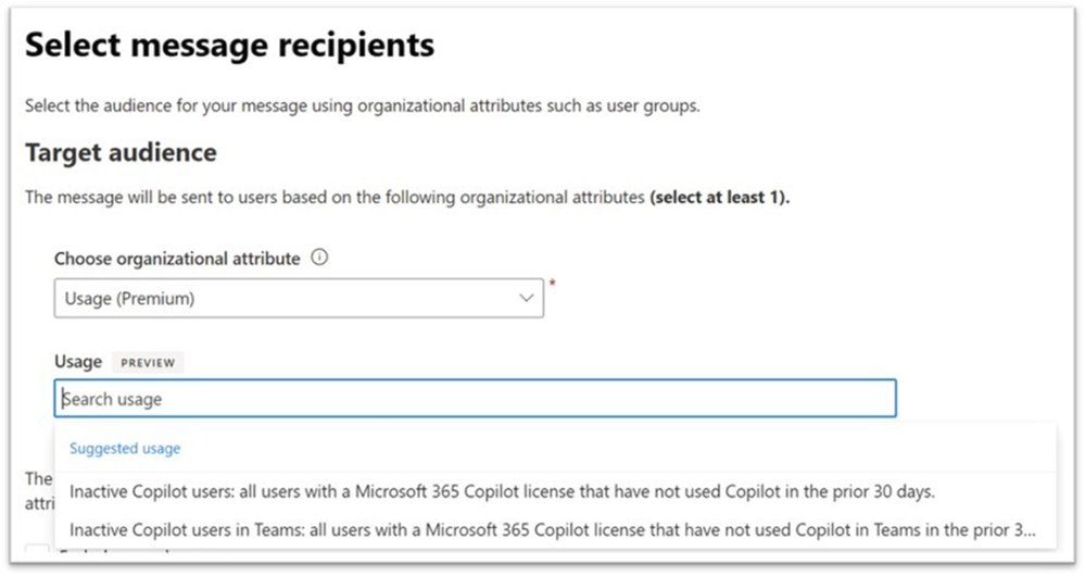 obrázek s cílením publika pro Organizational Messages podle využití produktu