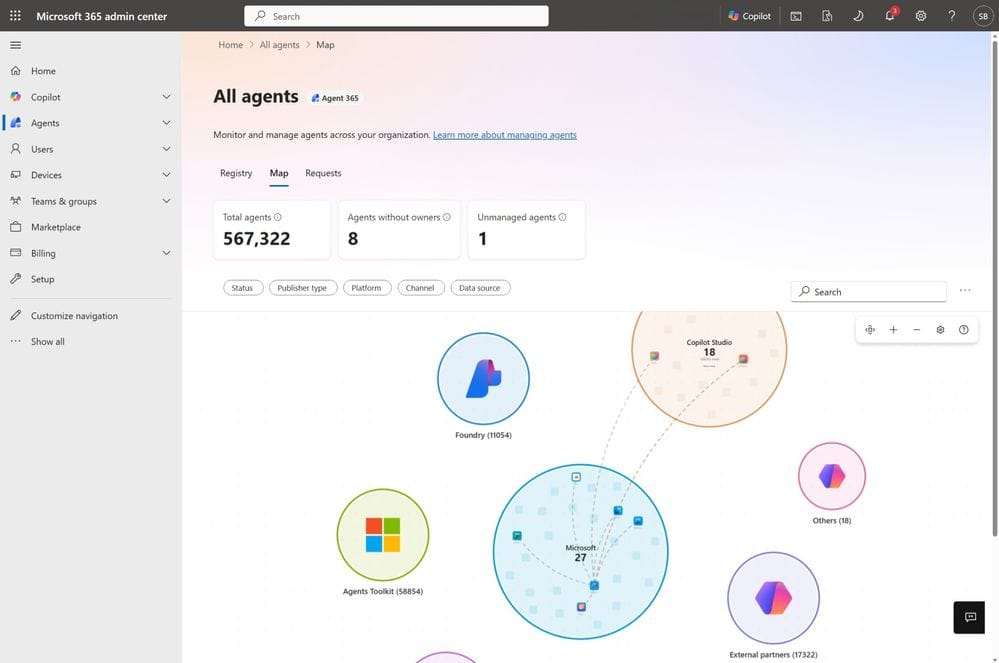 obrázek map view všech agentů v organizaci seskupených podle platformy